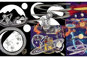 trey anastasio jerry garcia and frank zappa jamming out on the moon with saturn's rings in the background tattoo idea