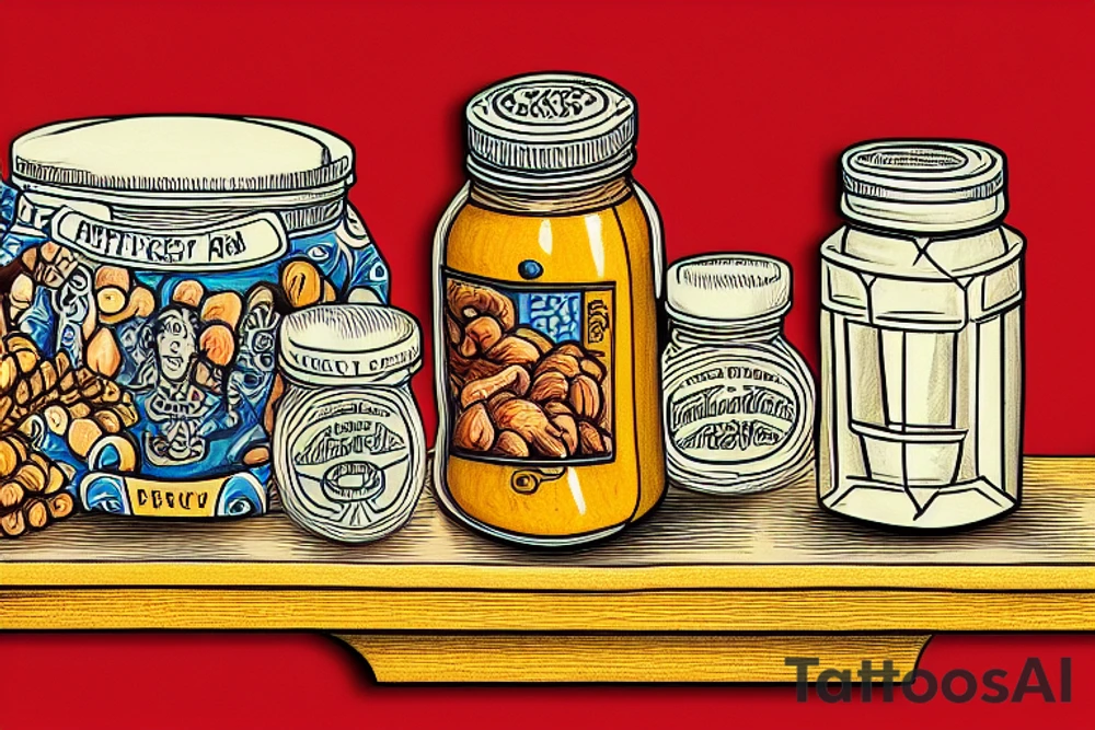 a jif peanut bar jar on a shelf in the style of an renaissance still life tattoo idea