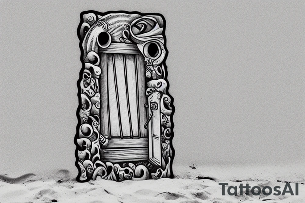 a door in the sand on the beach tattoo idea