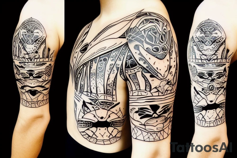 crab with the face of a samurai warrior as body tattoo idea