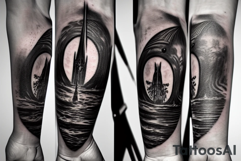 eye of sauron tower against background of mordor tattoo idea