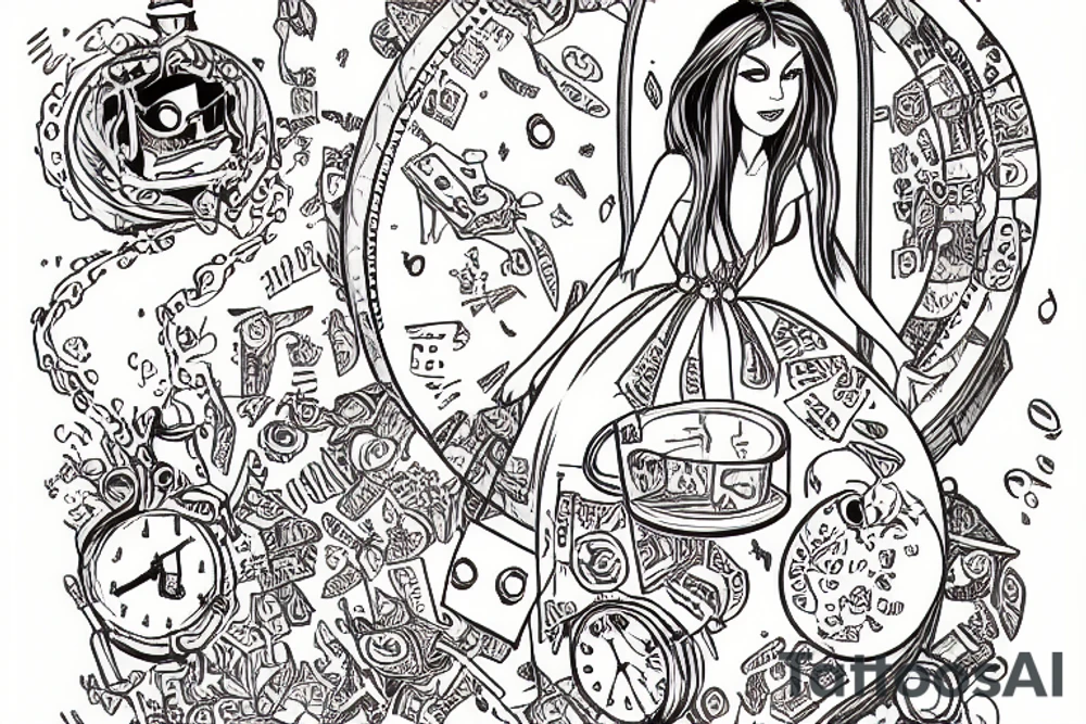 Alice in wonderland falling down a tunnel of time with a jar of DMT attached to her dress tattoo idea