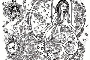 Alice in wonderland falling down a tunnel of time with a jar of DMT attached to her dress tattoo idea