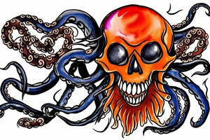 Kraken swalling up a flaming skull in the ocean tattoo idea