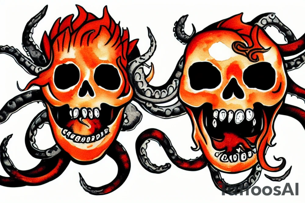 Kraken swalling up a flaming skull in the ocean tattoo idea