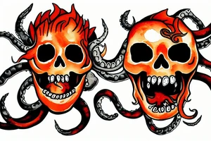 Kraken swalling up a flaming skull in the ocean tattoo idea