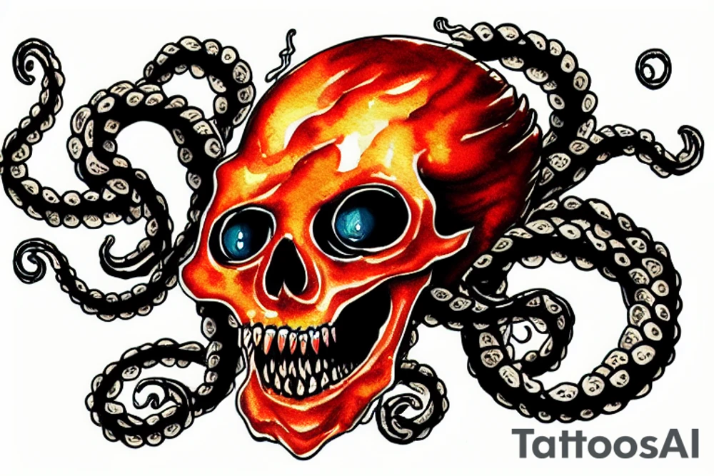 Kraken swalling up a flaming skull in the ocean tattoo idea