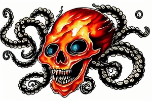 Kraken swalling up a flaming skull in the ocean tattoo idea