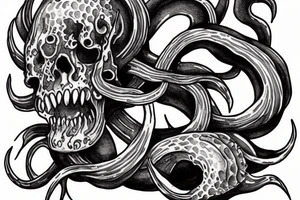 Kraken swalling up a flaming skull in the ocean tattoo idea
