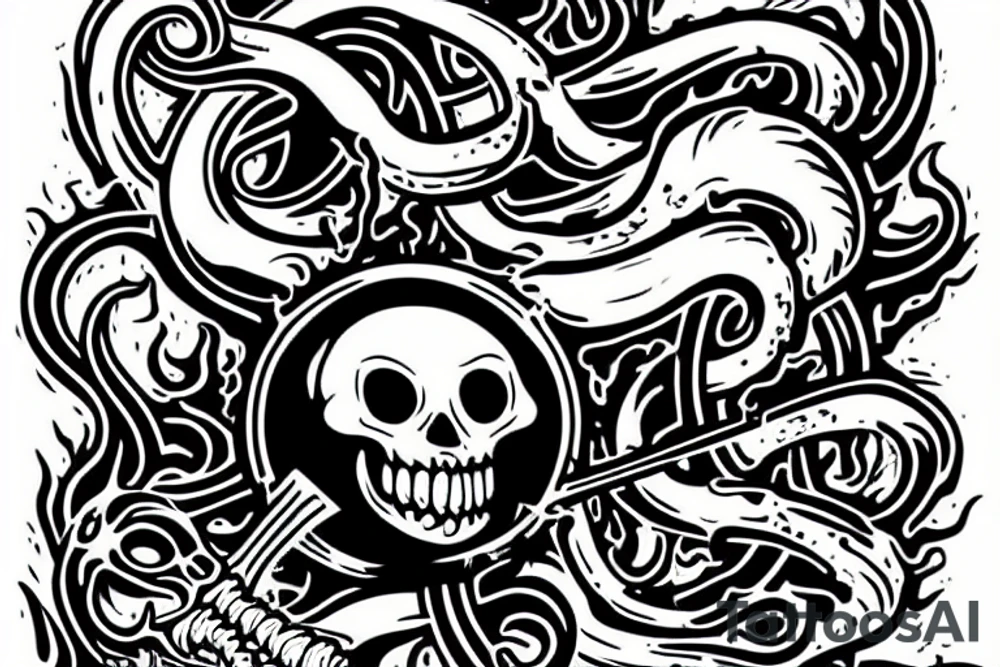 Kraken swalling up a flaming skull in the ocean tattoo idea
