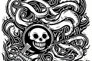 Kraken swalling up a flaming skull in the ocean tattoo idea