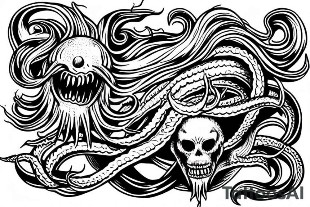 Kraken grasping a flaming skull in the ocean tattoo idea