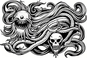 Kraken grasping a flaming skull in the ocean tattoo idea
