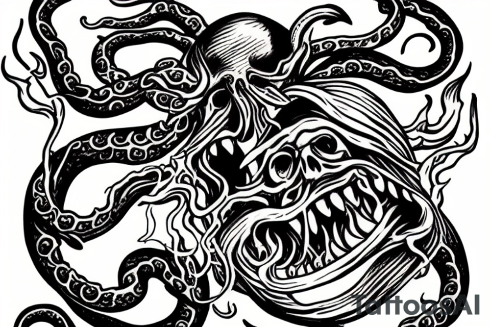 Kraken grasping a flaming skull in the ocean tattoo idea