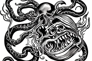 Kraken grasping a flaming skull in the ocean tattoo idea