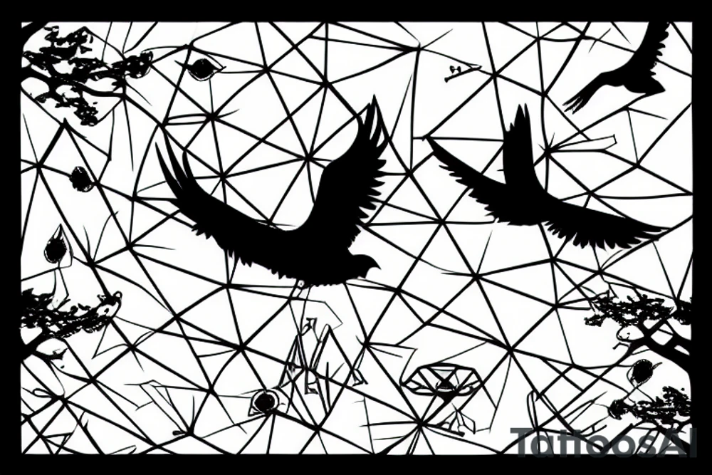 Game of life glider, crow in flight, tree in background, geometric patterns tattoo idea