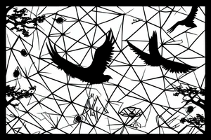 Game of life glider, crow in flight, tree in background, geometric patterns tattoo idea
