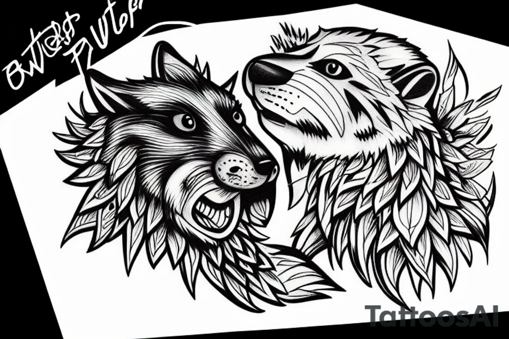 Beaver and wolf hugging tattoo idea