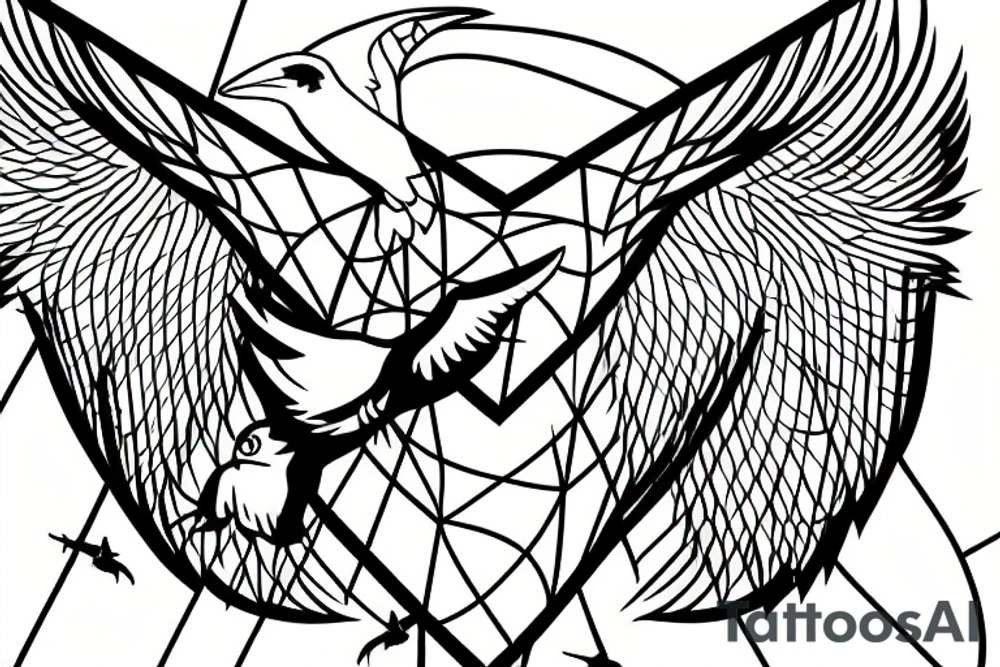 Game of life glider, crow in flight, tree in background, geometric patterns tattoo idea
