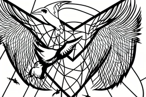 Game of life glider, crow in flight, tree in background, geometric patterns tattoo idea