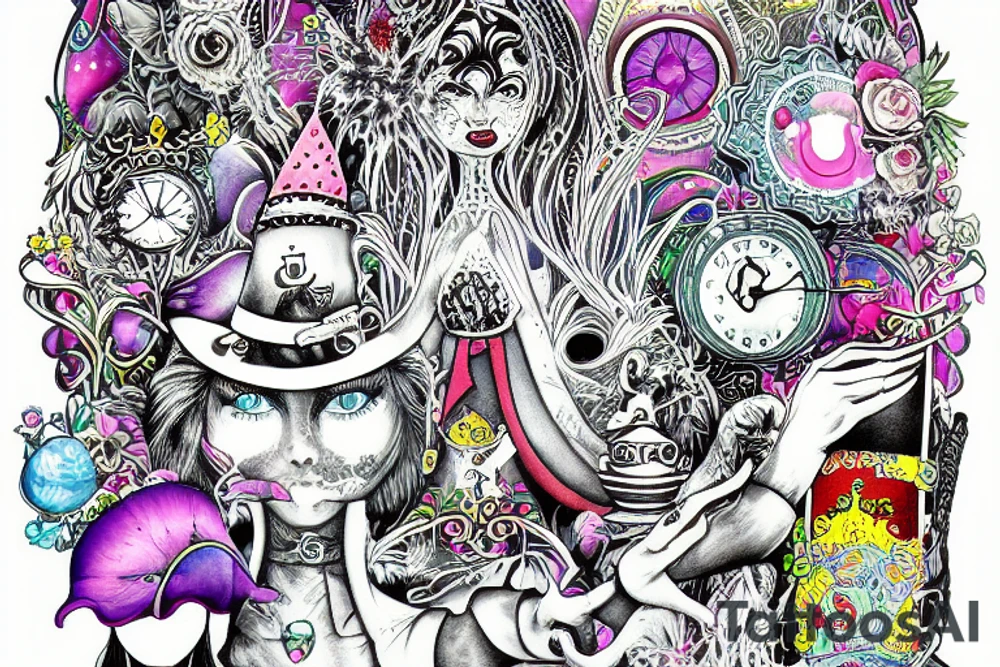 alice in wonderland on a psychadelic journey tattoo idea