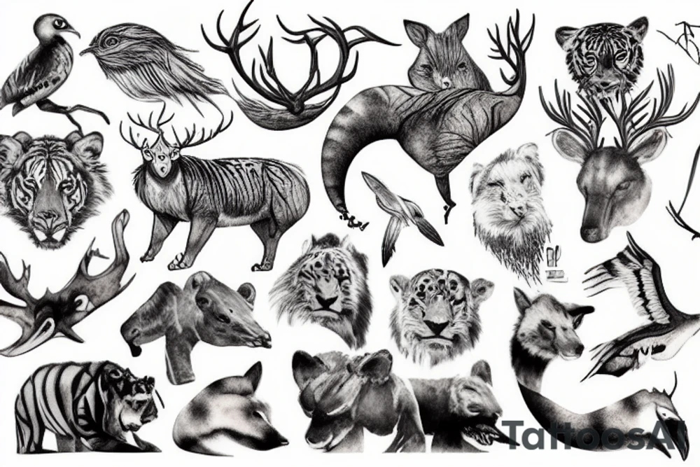 a montage of wild animals tattoo idea
