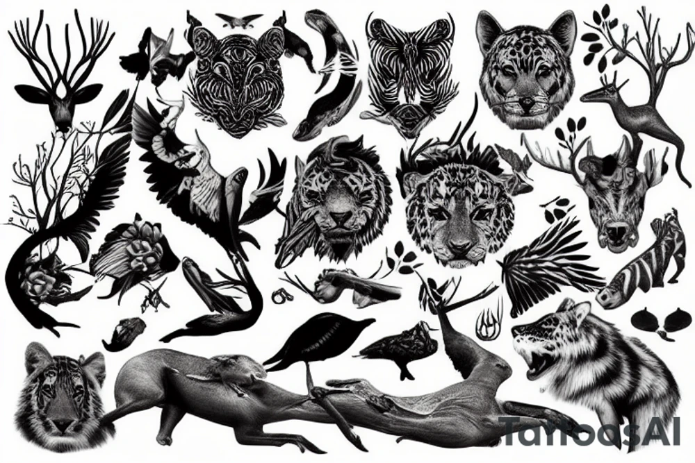 a montage of wild animals tattoo idea