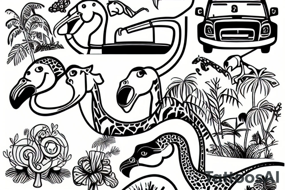 a flamingo and a brontosaurus and a giraffe driving in a convertible car tattoo idea