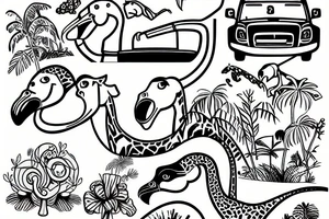 a flamingo and a brontosaurus and a giraffe driving in a convertible car tattoo idea