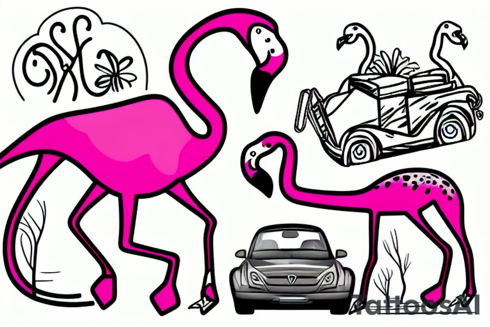 a flamingo and a brontosaurus and a giraffe driving in a convertible car tattoo idea