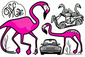 a flamingo and a brontosaurus and a giraffe driving in a convertible car tattoo idea