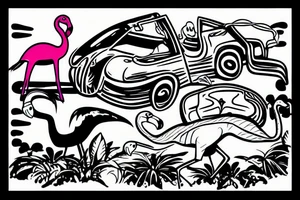 a flamingo and a brontosaurus and a giraffe driving a convertible car tattoo idea