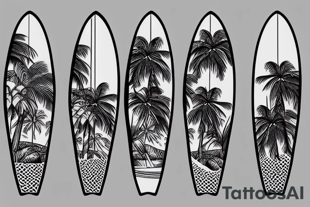 minimalistic tattoo of a surfboard with palm trees tattoo idea