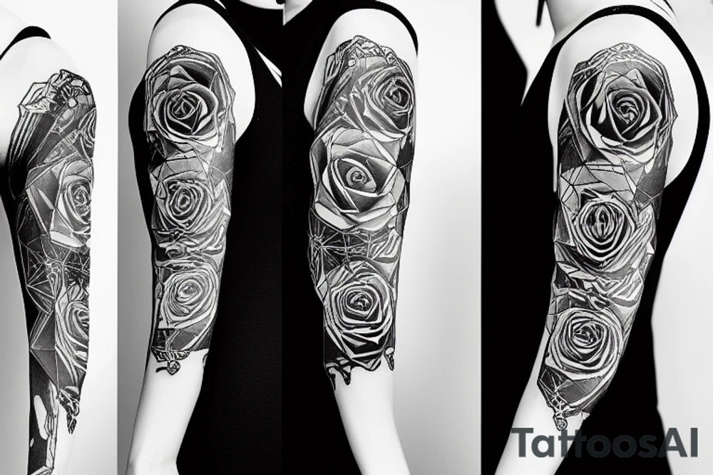 Cyberpunk love rose numbers geometric sleeve tattoo idea