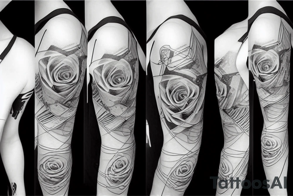 Cyberpunk love rose numbers geometric sleeve tattoo idea
