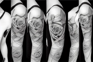 Cyberpunk love rose numbers geometric sleeve tattoo idea