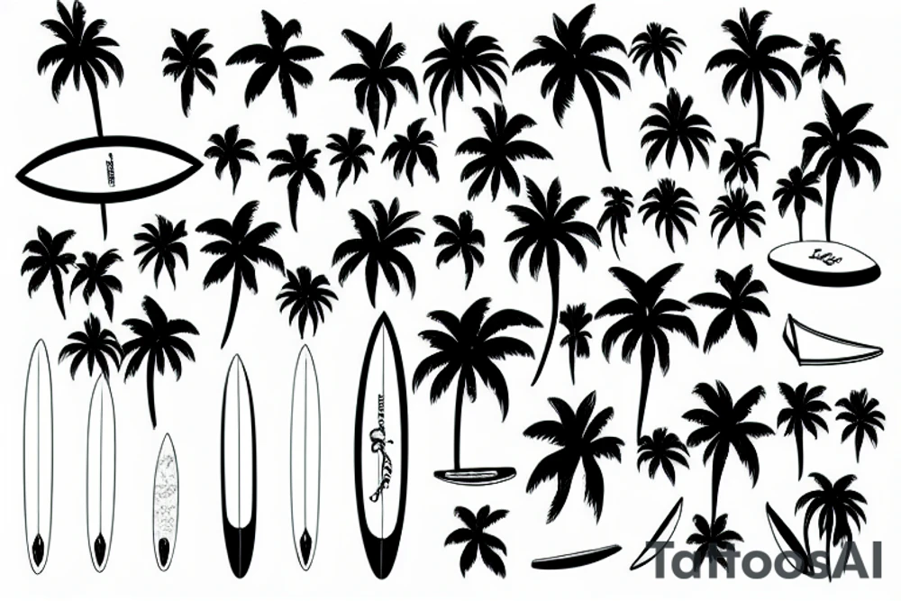 minimalistic tattoo of a surfboard with palm trees tattoo idea