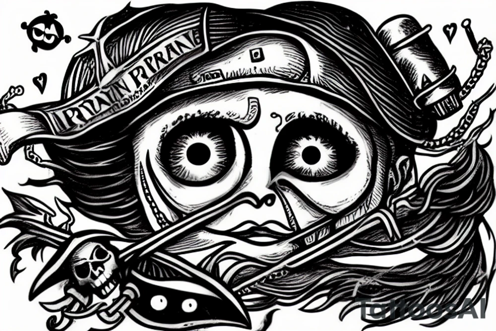 grey alien dressed as a pirate at the helm of a pirate ship, also he's wearing an eye patch tattoo idea