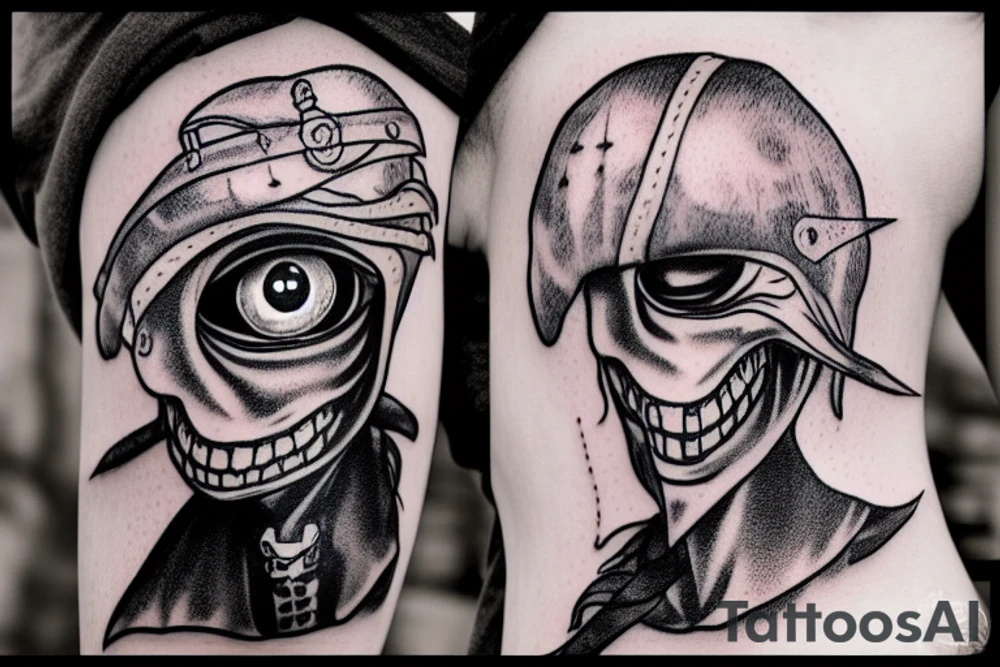 grey alien dressed as a pirate at the helm of a pirate ship, also he's wearing an eye patch tattoo idea