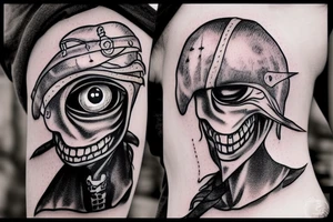 grey alien dressed as a pirate at the helm of a pirate ship, also he's wearing an eye patch tattoo idea