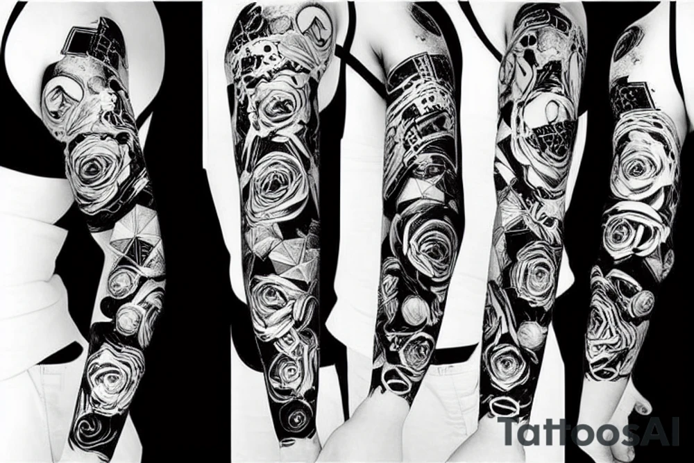 Cyberpunk love rose numbers geometric sleeve tattoo idea