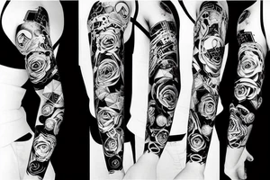 Cyberpunk love rose numbers geometric sleeve tattoo idea