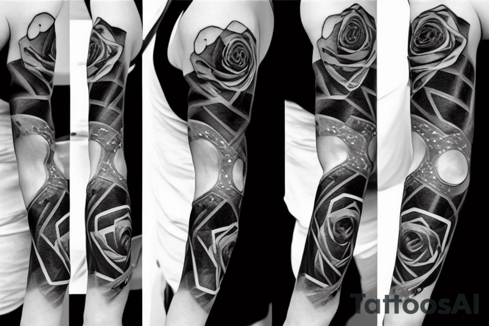 Cyberpunk love rose numbers geometric sleeve tattoo idea