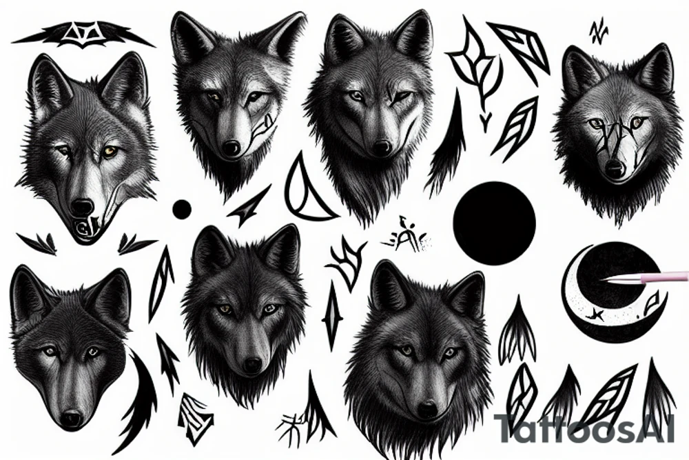 black wolf and moon tattoo idea