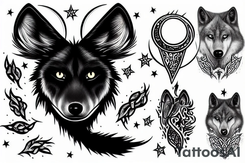 black wolf and moon tattoo idea