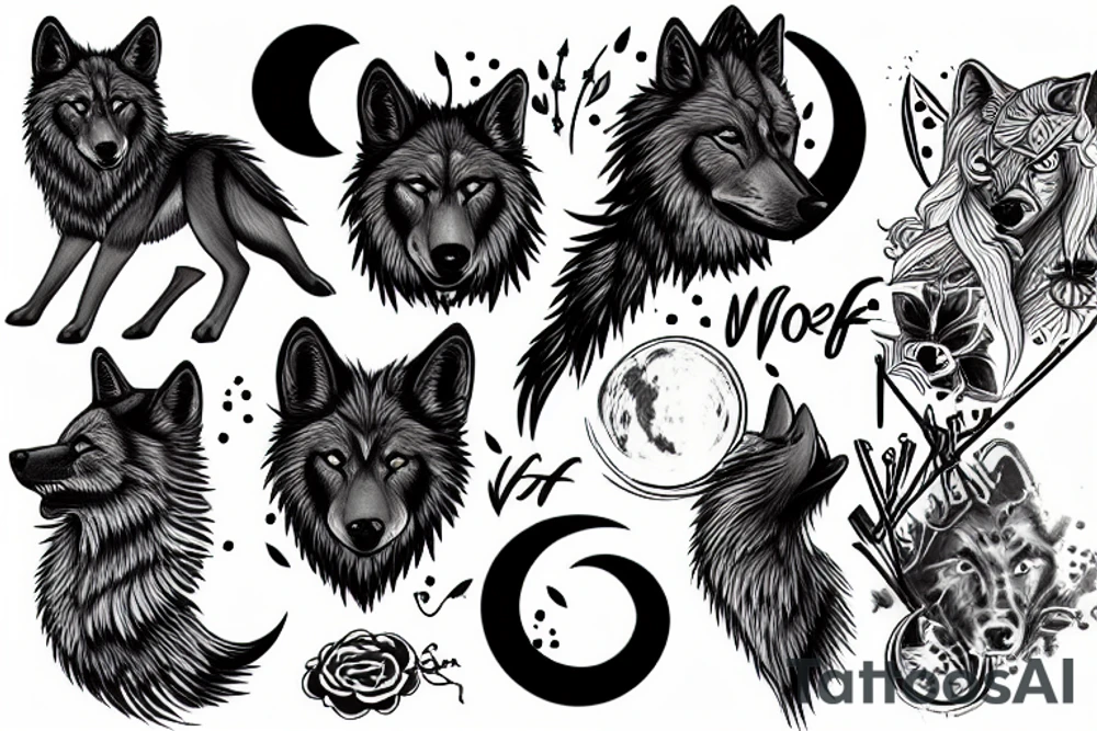black wolf and moon tattoo idea