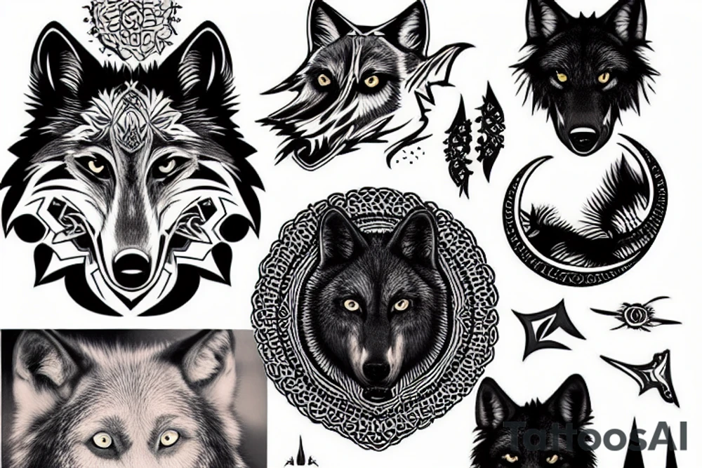 black wolf and moon tattoo idea