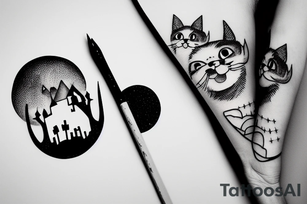 a kitten in a castle gazing at the moon tattoo idea