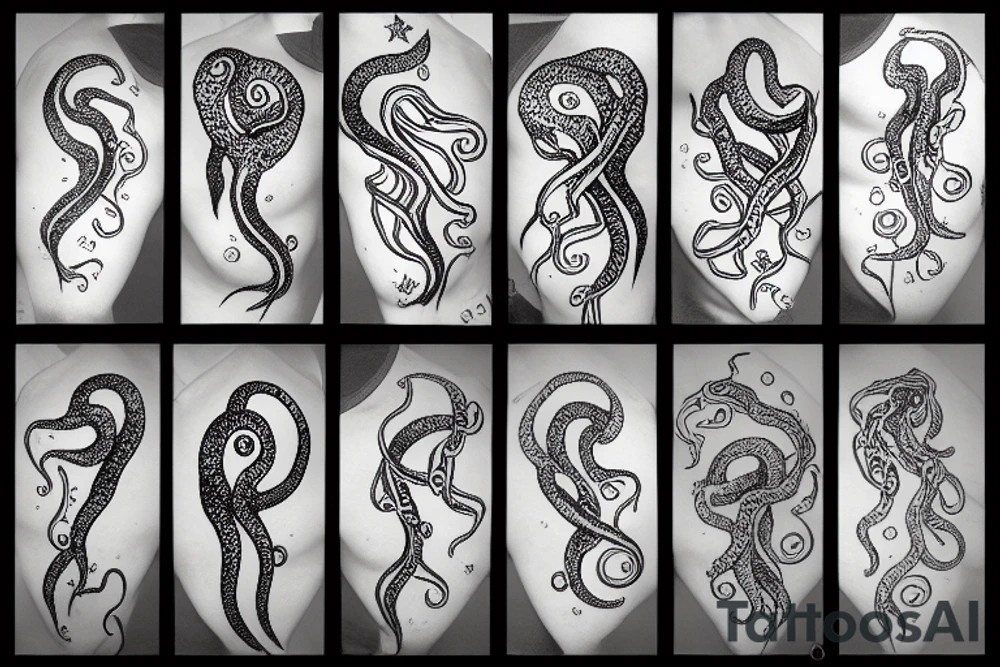 Huge octupus tentacles dropping from a hole in space, starry background tattoo idea