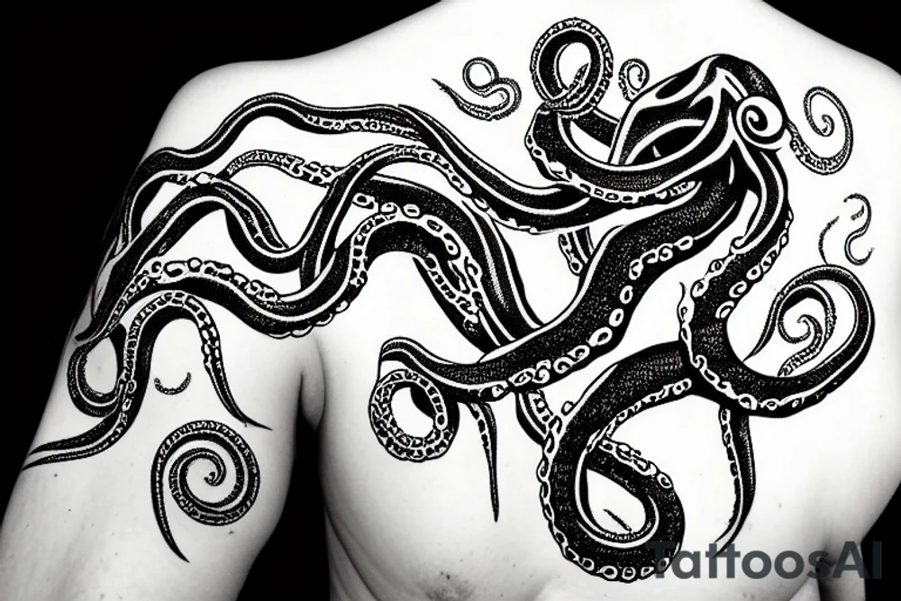Huge kraken tentacles dropping from a hole in space, starry background tattoo idea